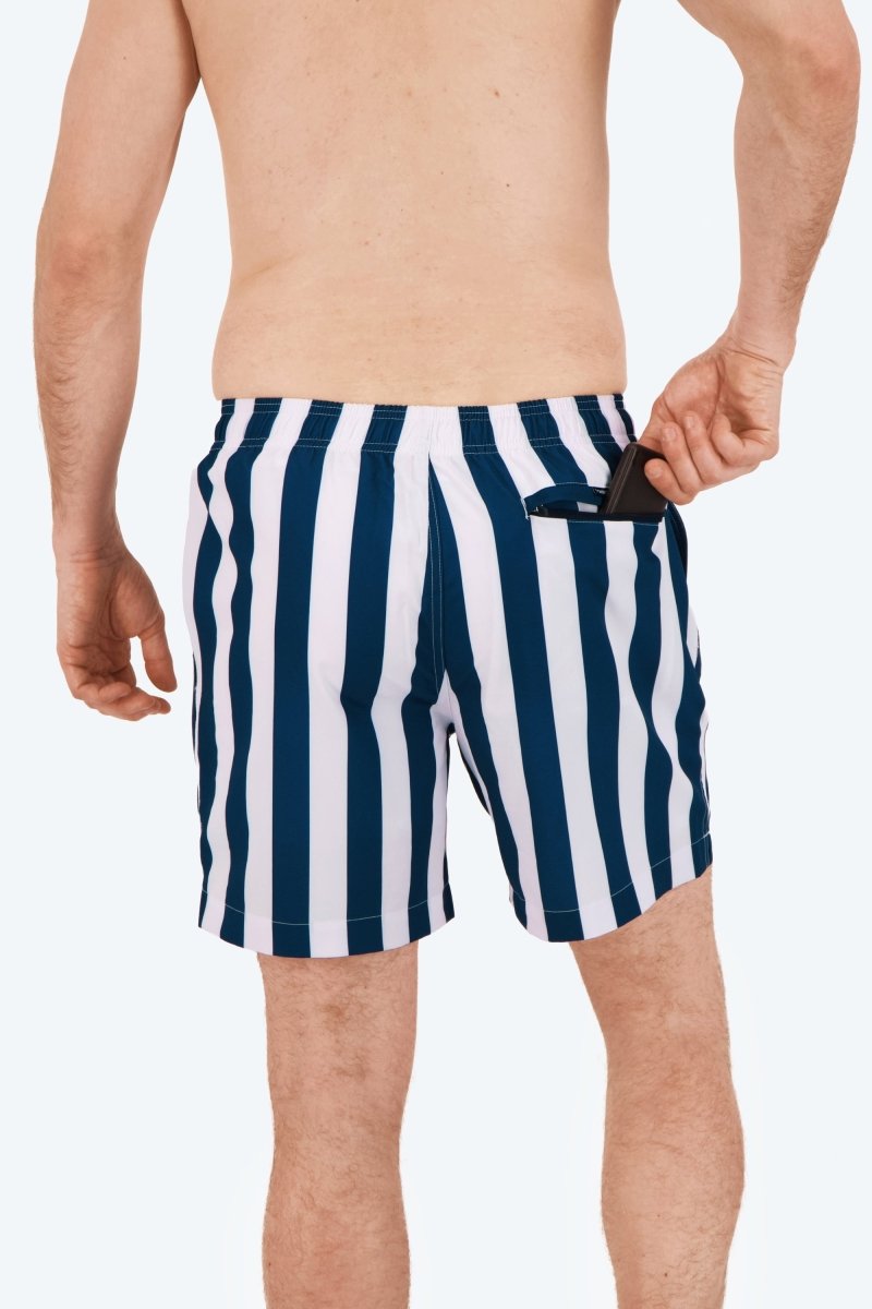 Cabanas * The Swims Men's Shorts by Frankster in navy and white striped fabric with a hidden zip pocket for men achterkant?
