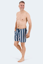 Frankster Cabanas * The Swims Men's Shorts in navy and white vertical stripes lightweight swim shorts for men in striped fabric