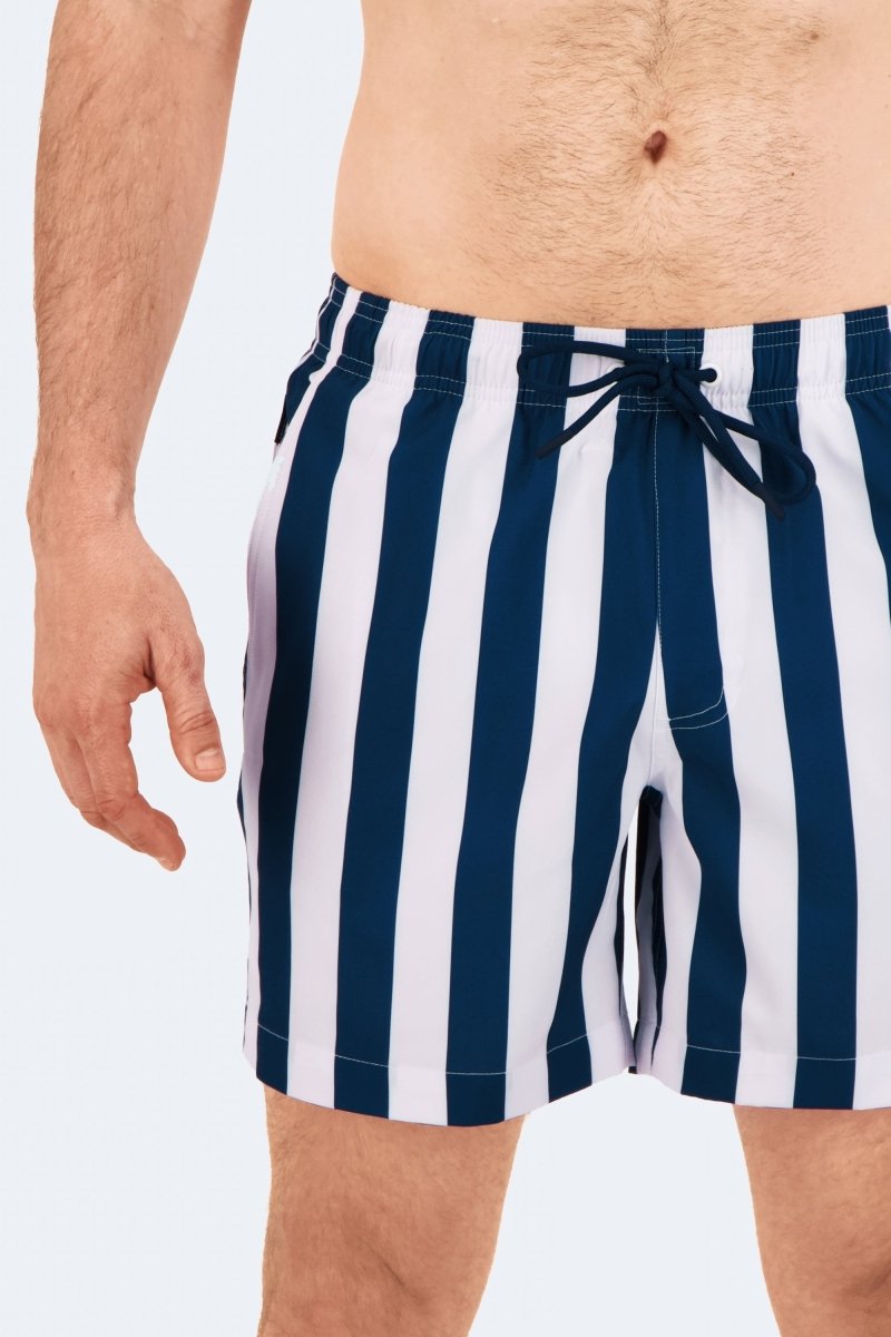 Cabanas * The Swims Frankster Men's Shorts in navy and white striped swim fabric with drawstring waist