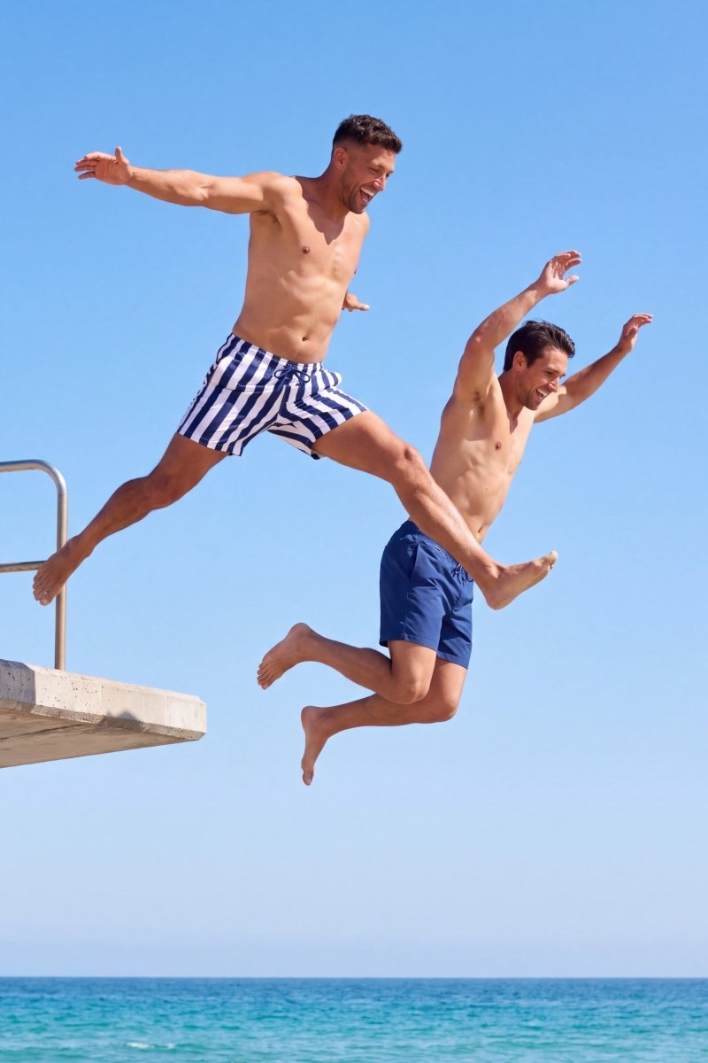 Cabanas * The Swims by Frankster Men's Shorts in striped and navy swim styles, shown on two men diving into the ocean