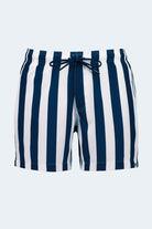 Frankster Cabanas * The Swims Men's Shorts in navy and white vertical striped fabric with elastic waistband and drawstring