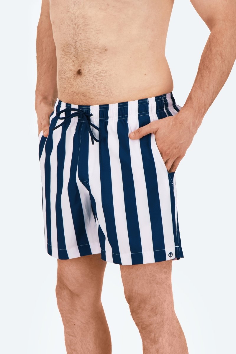 Frankster Cabanas * The Swims Men's Shorts in navy and white striped fabric with drawstring waist and side pockets