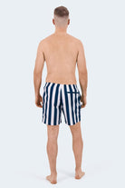 Frankster Cabanas * The Swims navy and white striped Men's Shorts in lightweight fabric viewed from the back