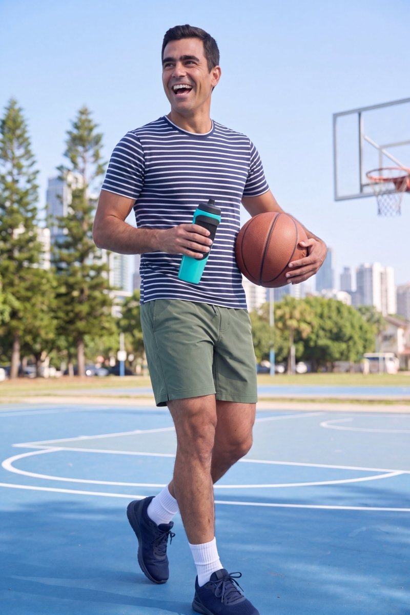 Frankster Caddies * The Sporties olive green Men's Shorts in textured fabric worn on a basketball court