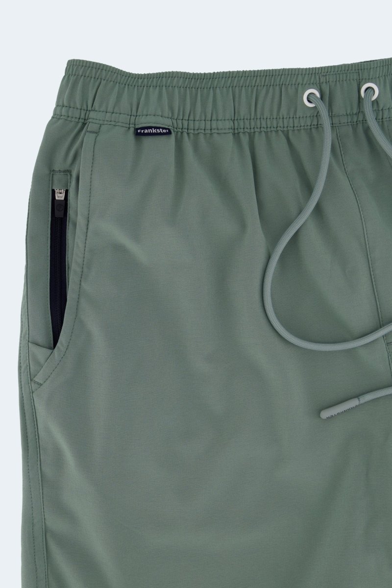 Frankster Caddies * The Sporties Men's Shorts in sage green fabric with elastic waistband and hidden zip pocket
