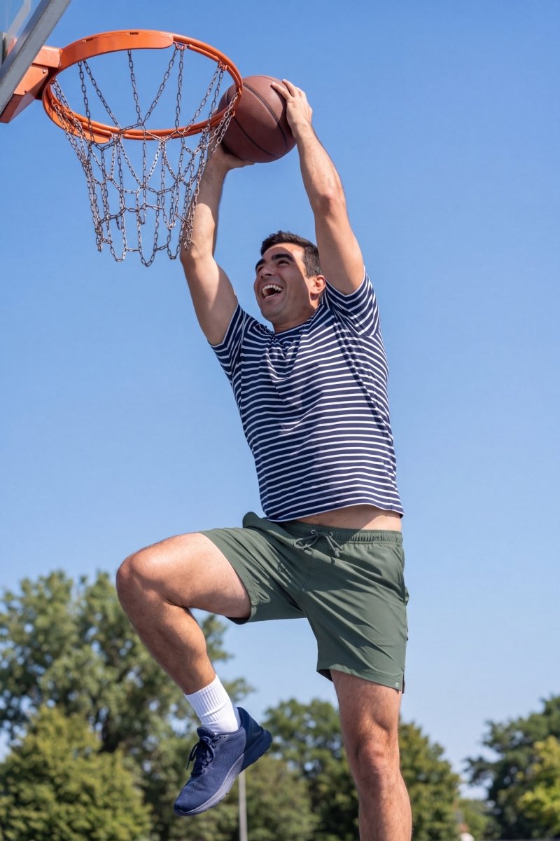 Frankster Caddies * The Sporties Men's Shorts in olive green fabric, model dunking a basketball outdoors