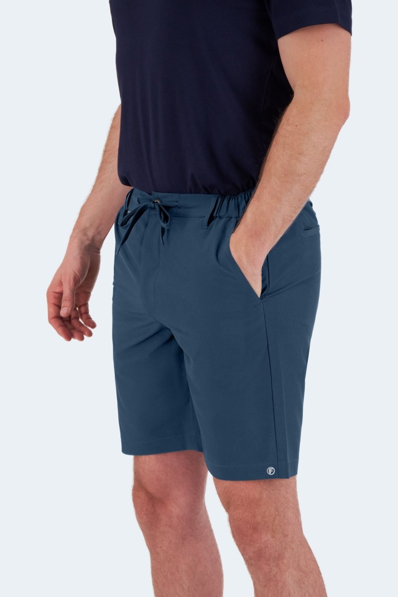 Man wearing Frankster Chillers * The Actives dark blue lightweight men's shorts with drawstring waist and side pockets