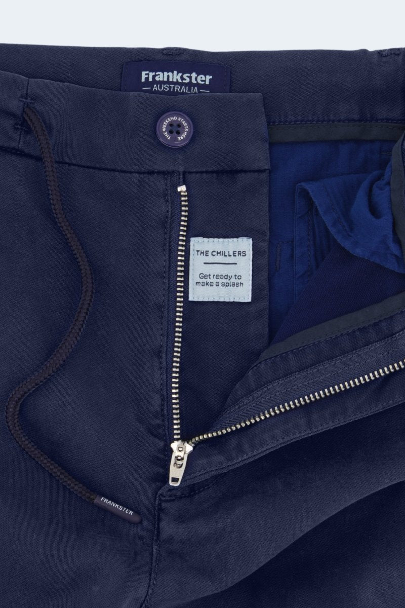 Close-up of dark blue Frankster Chillers * The Aussies men's shorts made from durable fabric with zipper and drawstring detail
