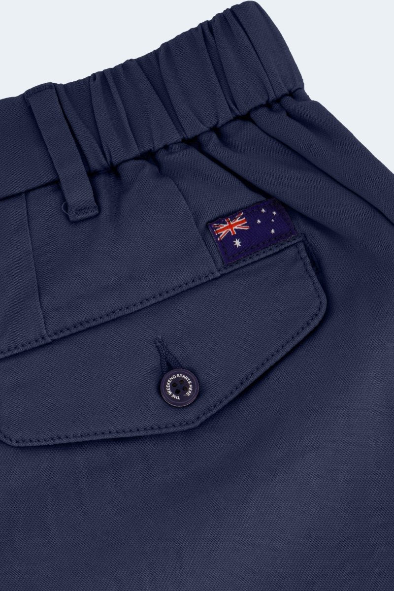 Close-up of Frankster Chillers * The Aussies dark blue durable men's cargo shorts with buttoned pocket and elastic waistband detail