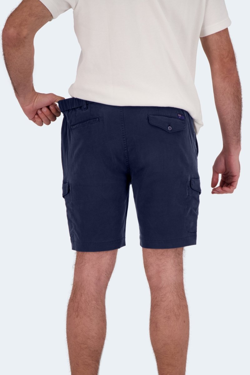 Rear view of a man wearing dark blue Frankster Chillers * The Aussies men's cargo shorts made from durable cotton fabric