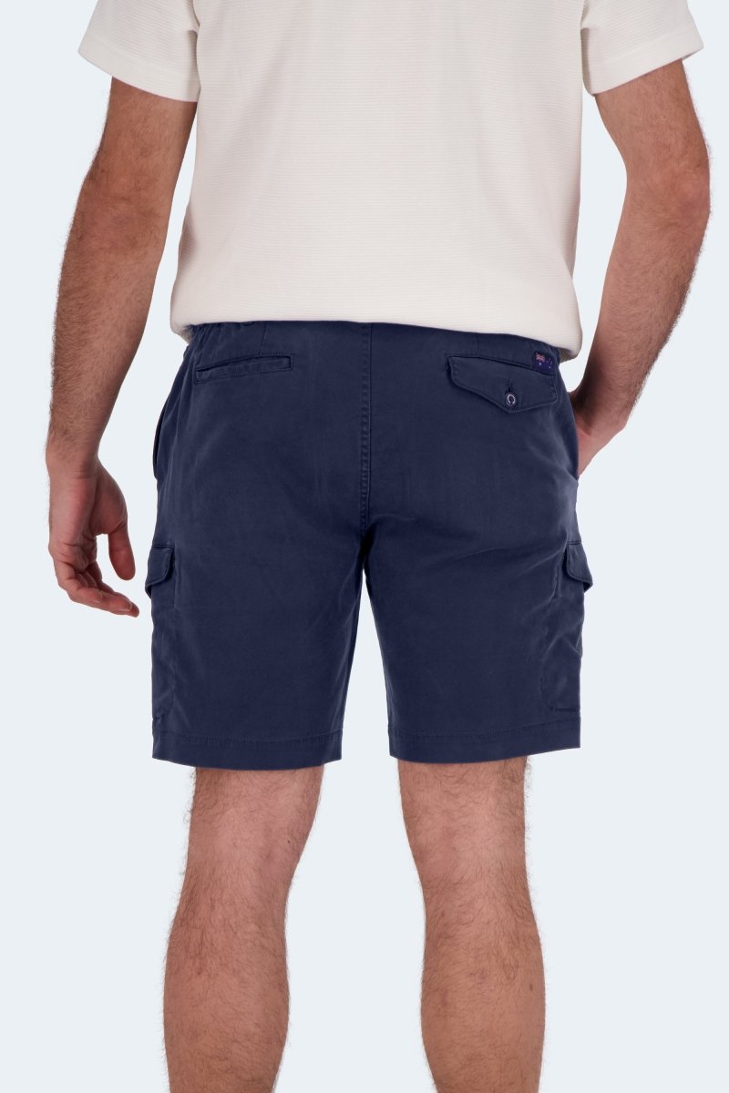 Rear view of man wearing Frankster Chillers * The Aussies dark blue cotton men's cargo shorts with extra pockets