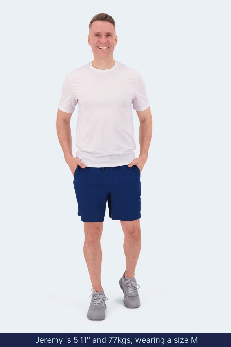 Frankster Chillers * The Sporties Men's Shorts in navy worn by a model with a relaxed fit for everyday comfort