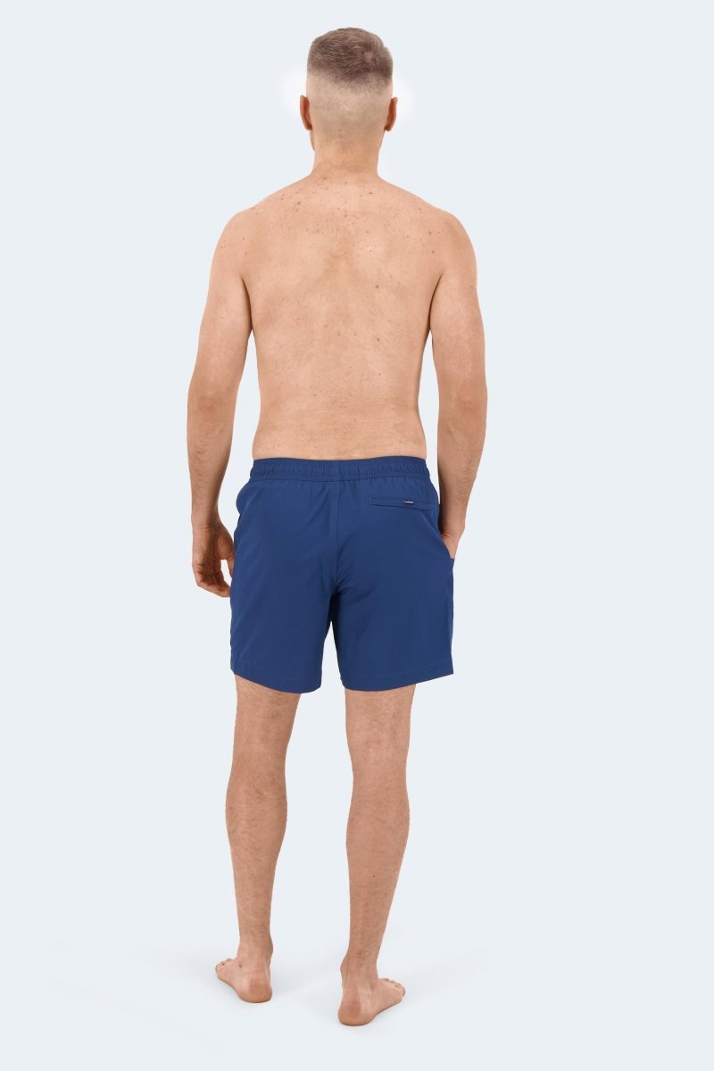 Frankster Chillers * The Swims Men's Shorts in navy blue smooth fabric, shown from the back with an elastic waistband and side pockets