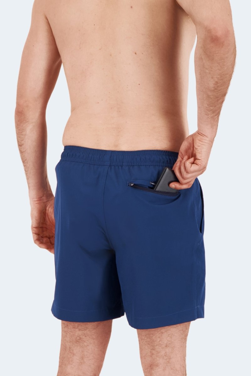 Frankster Chillers * The Swims navy Men's Shorts with rear zip pocket in smooth fabric shown on a model