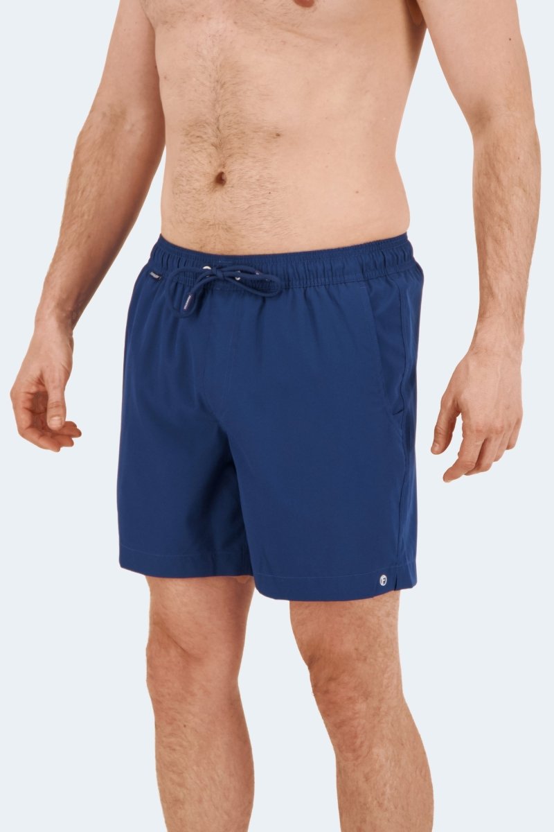 Frankster Chillers * The Swims navy blue Men's Shorts in smooth fabric with drawstring waist and side pockets on a male model