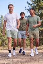 Frankster Evergreens * The Sporties Men's Shorts, Shorts for Men in sage green, blue grey and beige fabric, modelled outdoors