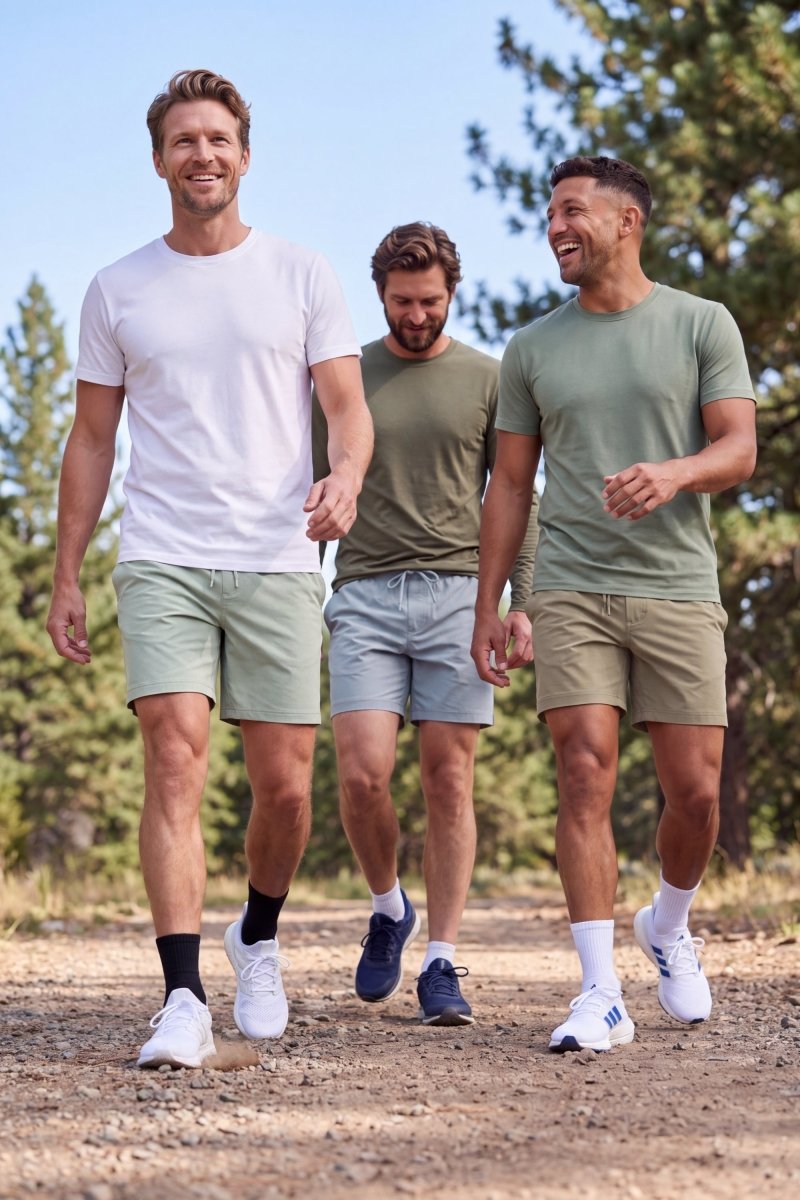Frankster Evergreens * The Sporties Men's Shorts, Shorts for Men in sage green, blue grey and beige fabric, modelled outdoors