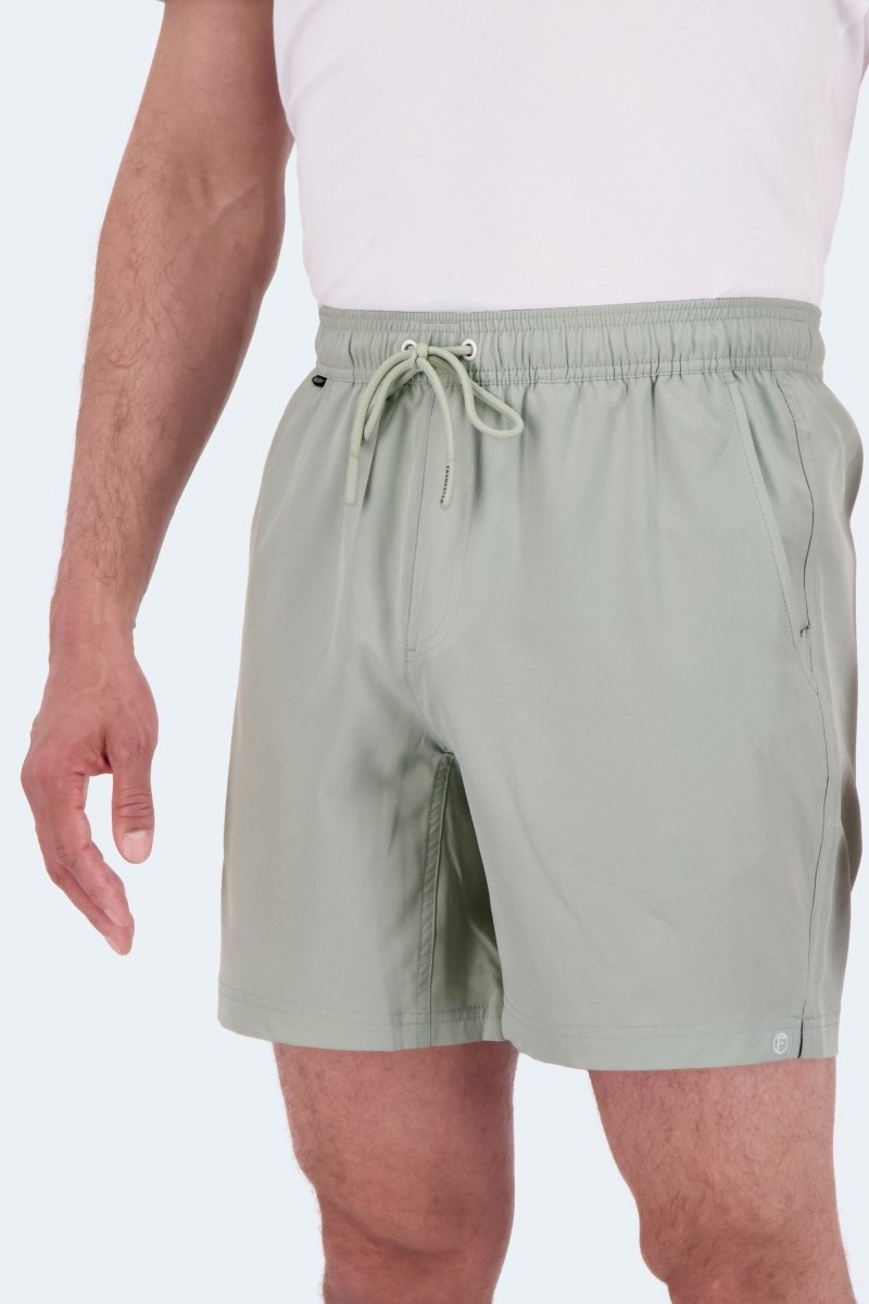 Frankster Evergreens * The Sporties Men's Shorts in light sage green fabric with an elasticated drawstring waistband and zip pockets