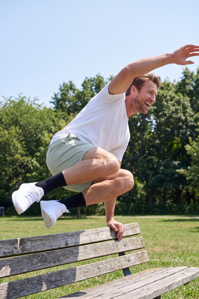 Evergreens * The Sporties by Frankster Men's Shorts in sage green woven fabric shown in motion outdoors as versatile Shorts for Men