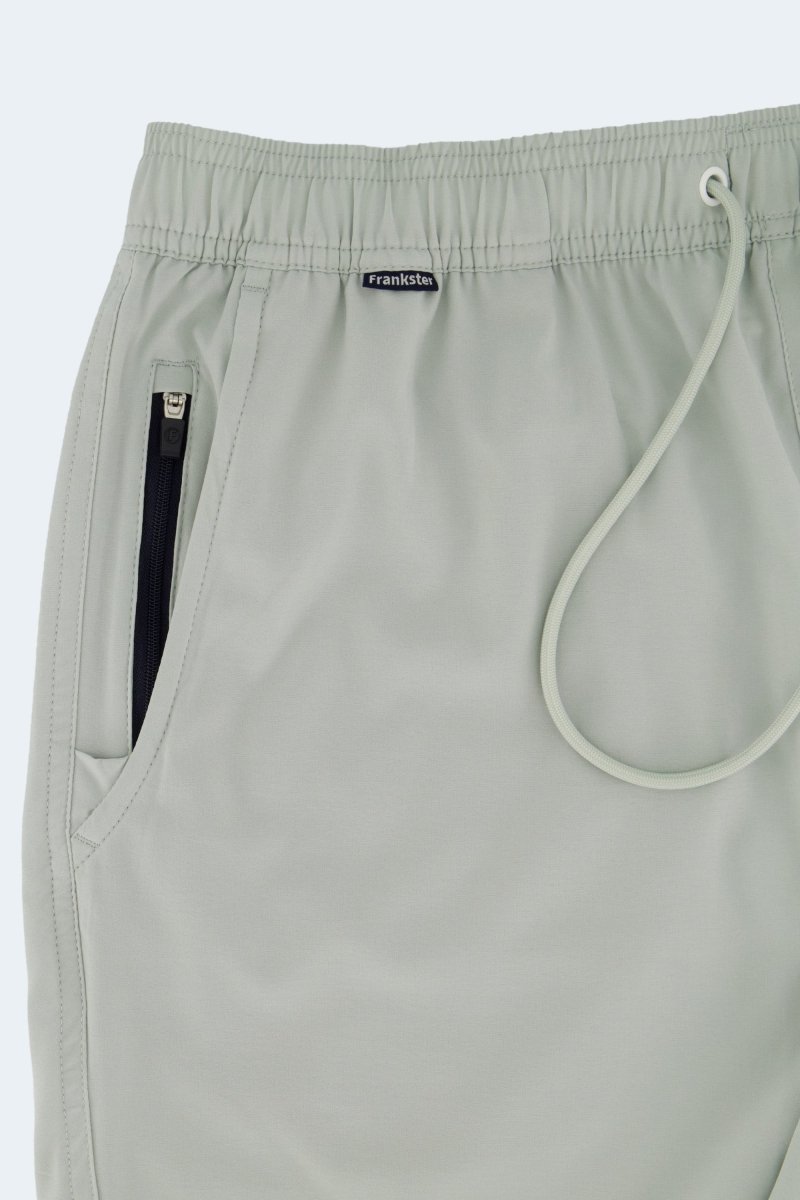 Evergreens * The Sporties Frankster Men's Shorts in pale sage smooth fabric with elastic waistband drawstring and zip pocket