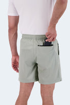 Frankster Evergreens * The Sporties Men's Shorts in pale sage green smooth fabric with hidden zip pocket