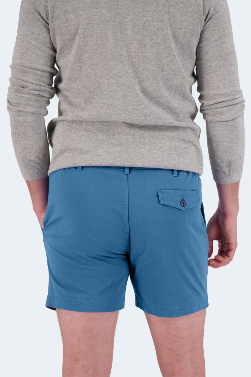 Man wearing Frankster Harbors * The Shorties blue stretch cotton men's shorts with a back pocket and casual fit
