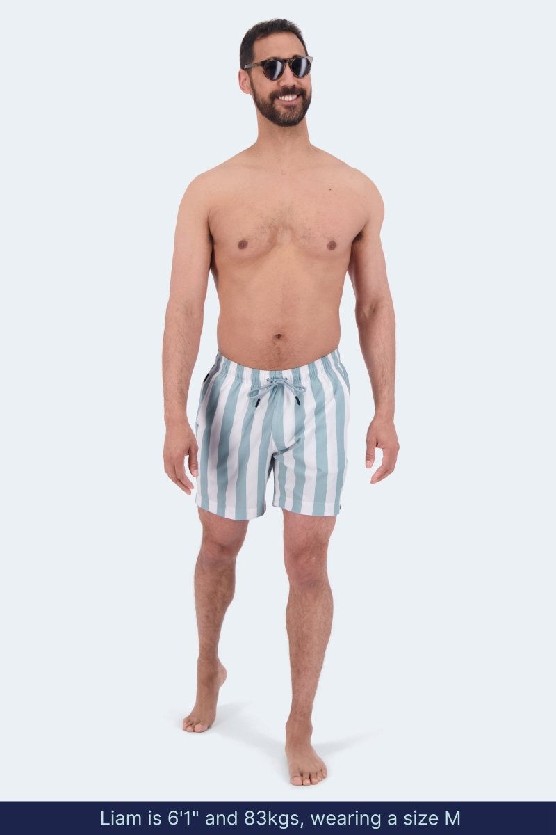 Frankster Lagunas * The Swims Men's Shorts in blue and white vertical stripes, lightweight swim fabric and relaxed fit