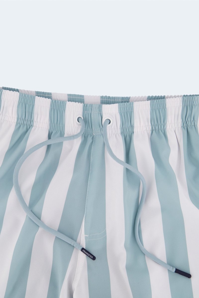 Aqua blue and white striped Lagunas * The Swims Men's Shorts by Frankster with elastic waistband and drawstring waist