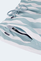 Frankster Lagunas * The Swims Men's Shorts in aqua and white wavy patterned fabric with drawstring and zip pocket