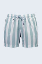 Frankster Lagunas * The Swims Men's Shorts in pale blue and white striped swim fabric with elastic waistband and drawcord