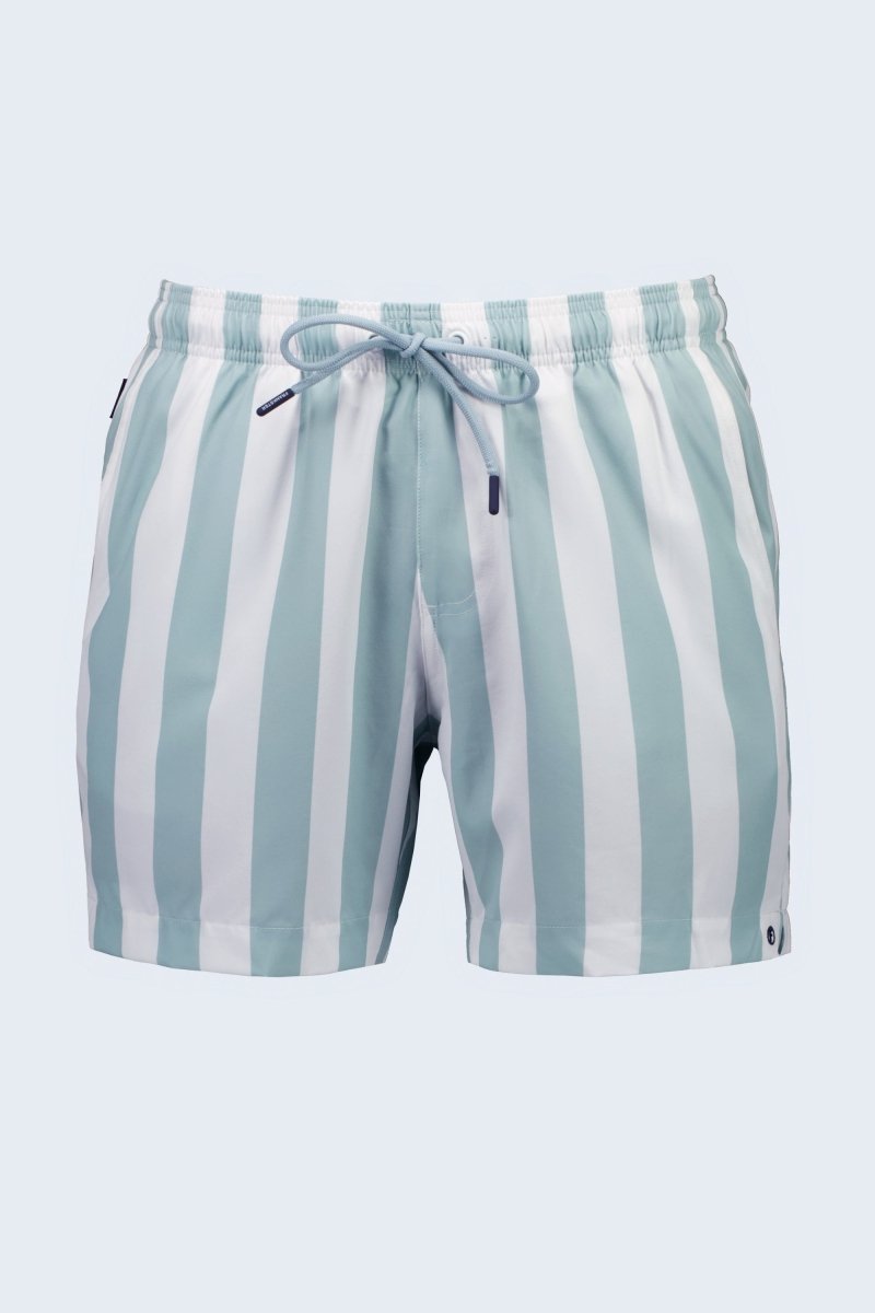 Frankster Lagunas * The Swims Men's Shorts in pale blue and white striped swim fabric with elastic waistband and drawcord