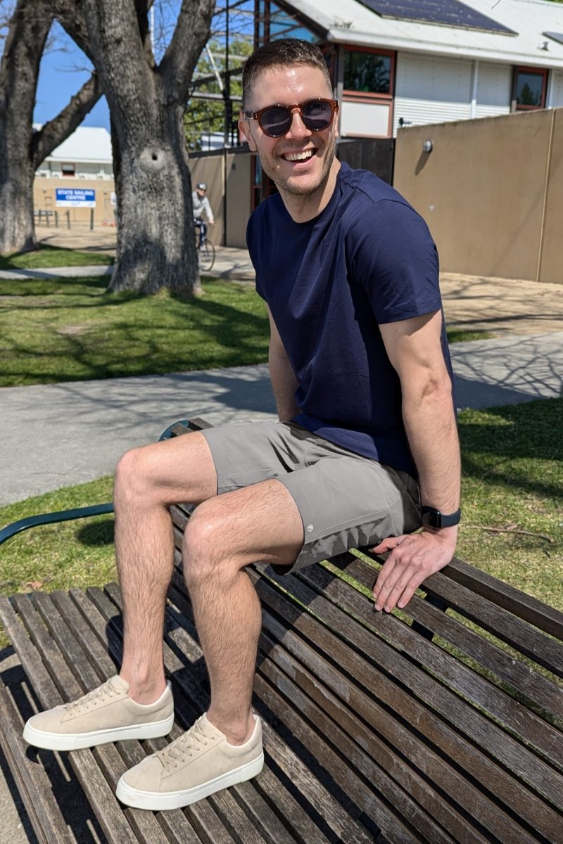 Man wearing Lunars * The Actives light grey Frankster men's shorts made from lightweight water-resistant fabric outdoors
