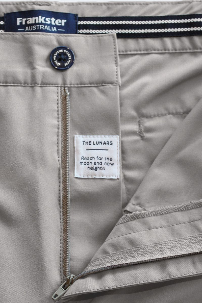 Close-up of Frankster Lunars * The Actives light grey men's shorts showing zipper, button, and fabric details from lightweight material