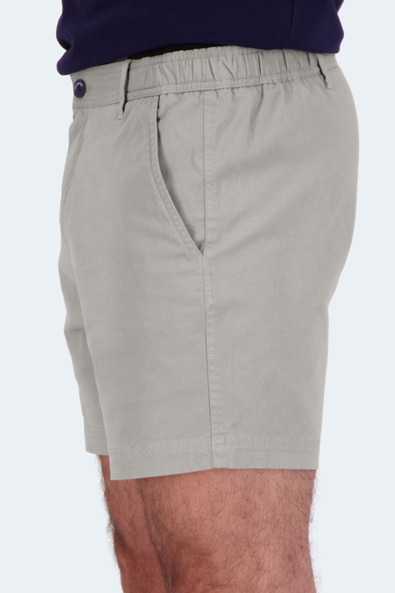 Side view of Frankster Lunars * The Shorties men's shorts in light grey stretch cotton with elastic waistband detail