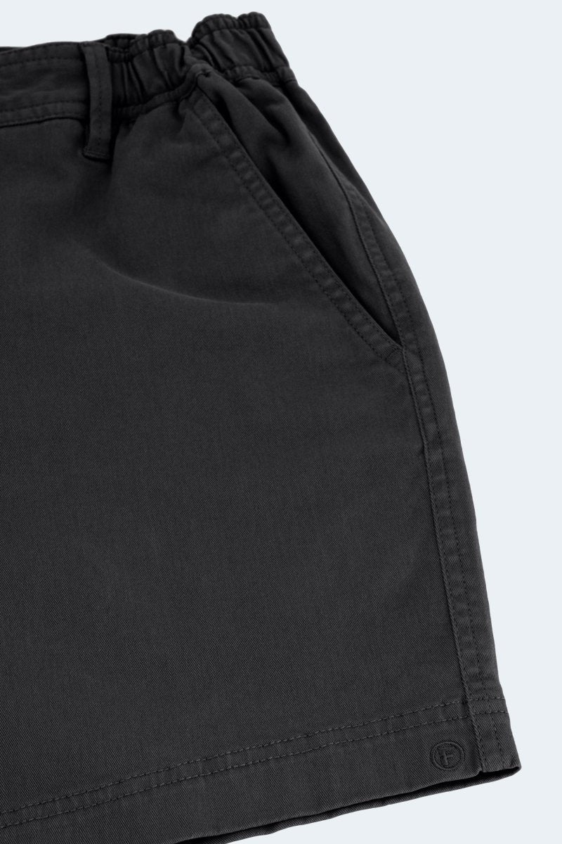 Close-up of black stretch cotton men's shorts Midnights * The Shorties by Frankster with elastic waistband and side pocket detail