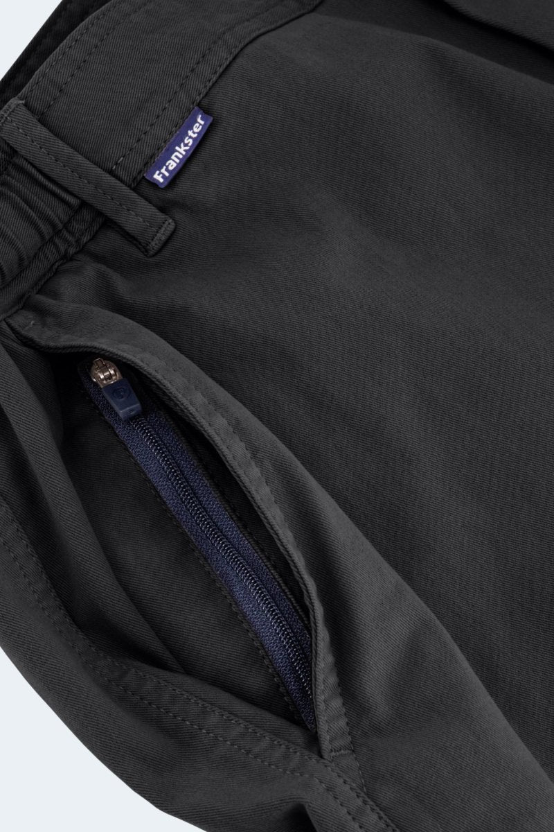 Close-up of black stretch cotton Midnights * The Shorties men's shorts by Frankster with zippered pocket detail