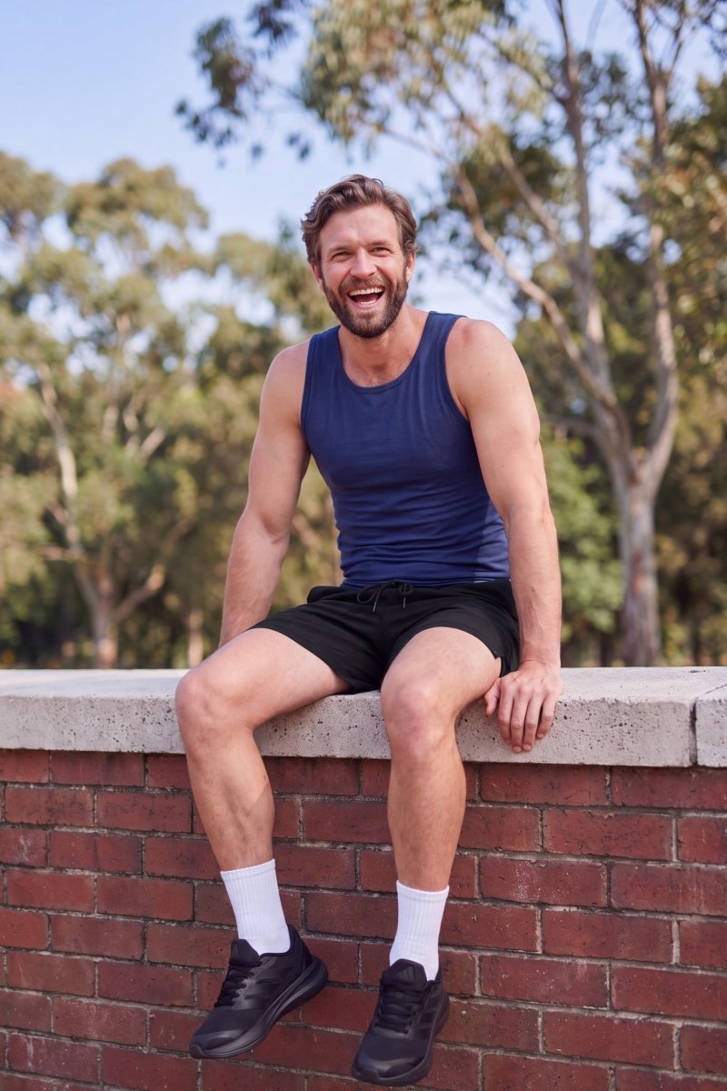 Frankster Midnights * The Sporties black Men's Shorts in fabric with elastic waistband shown on a man outdoors