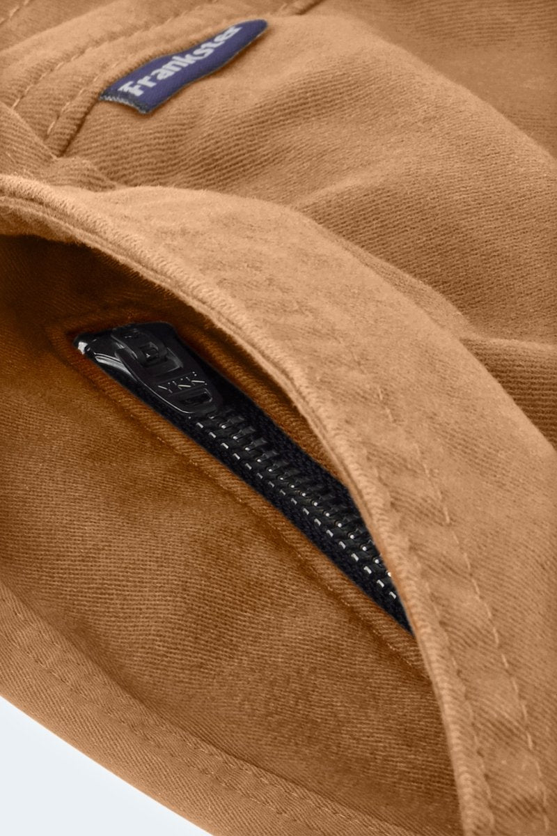 Close-up of Frankster brown stretch cotton men's shorts zipper detail from Mokas * The Everydays collection