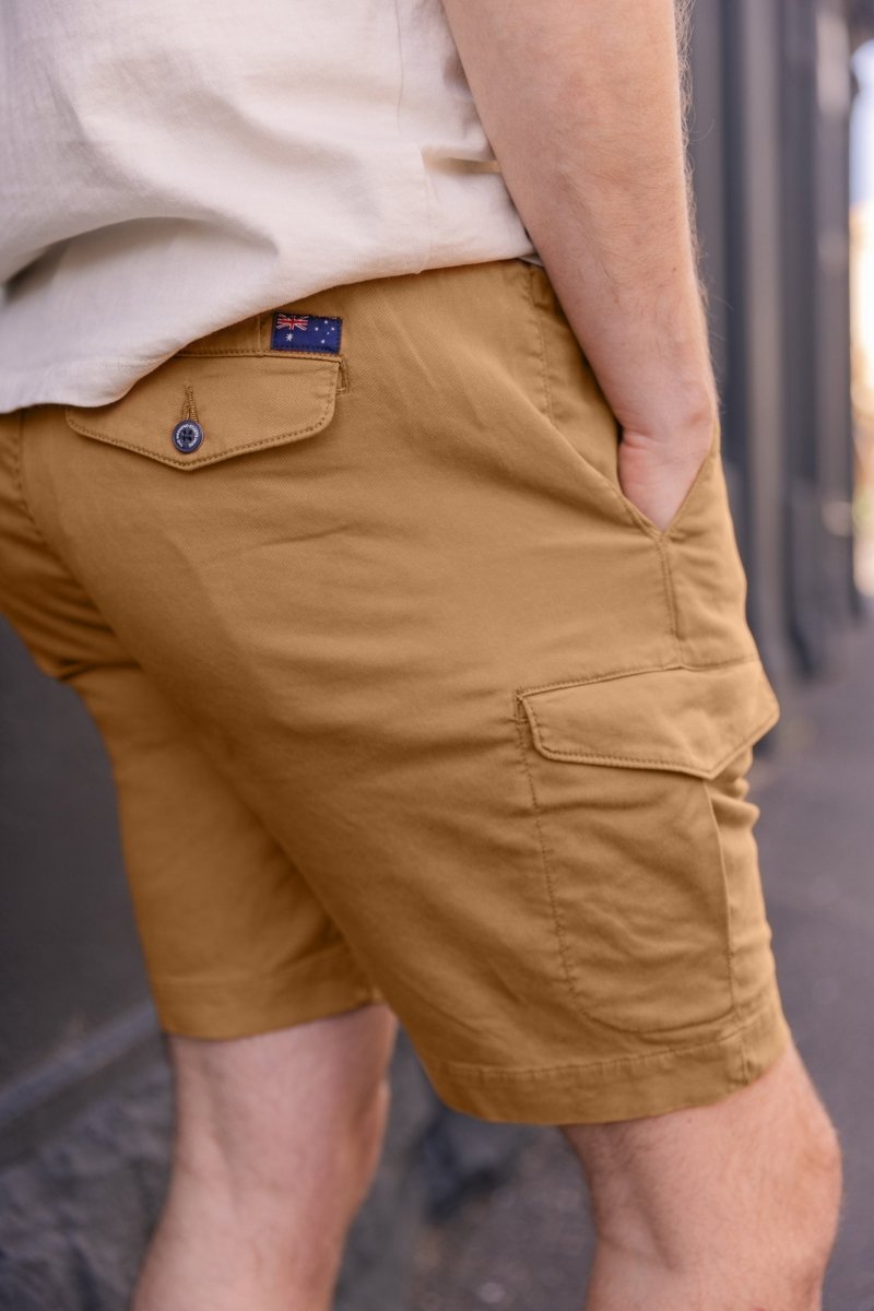 Close-up of Frankster Mokas * The Aussies brown cotton men's shorts with cargo pockets and button flap detail