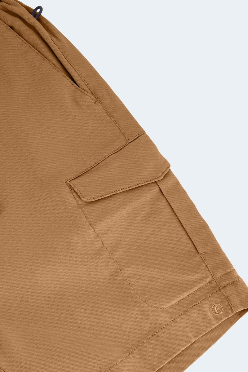 Close-up of Frankster Mokas * The Aussies brown cotton men's cargo shorts with utility pocket detail