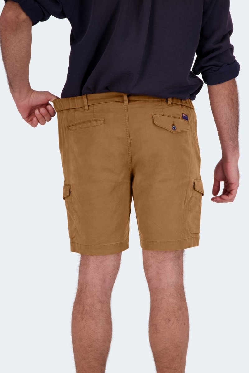 Back view of a man wearing Mokas * The Aussies brown cotton cargo men's shorts by Frankster with multiple pockets