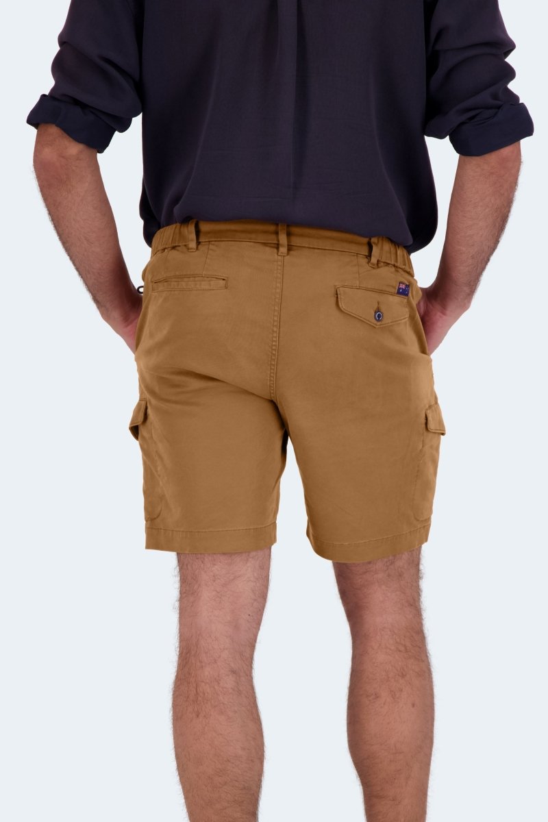Back view of a man wearing Frankster Mokas * The Aussies brown cotton men's cargo shorts with pockets and belt loops