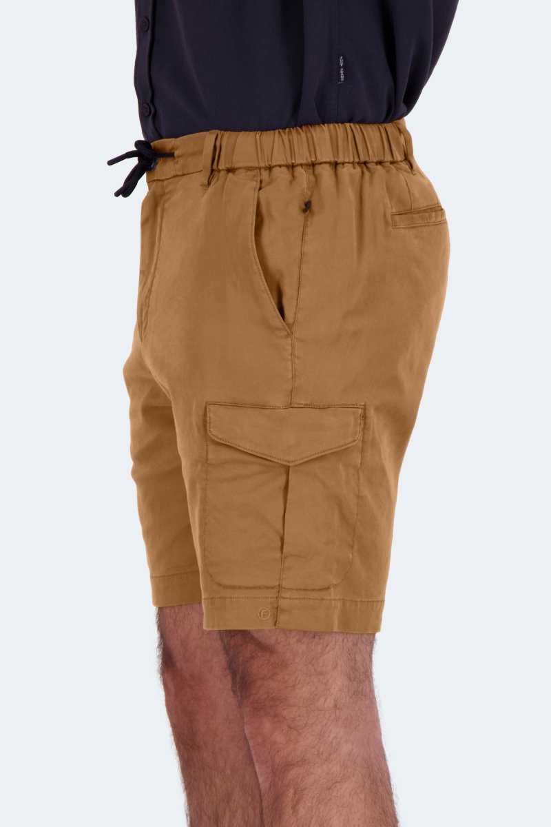 Side view of Frankster Mokas * The Aussies brown premium cotton men's cargo shorts with utility pockets and elastic waistband