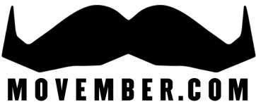 Black silhouette of a large mustache above bold uppercase letters spelling "MOVEMBER.COM," representing the Movember campaign linked with men's health awareness, accompanied by keywords related to men's shorts.