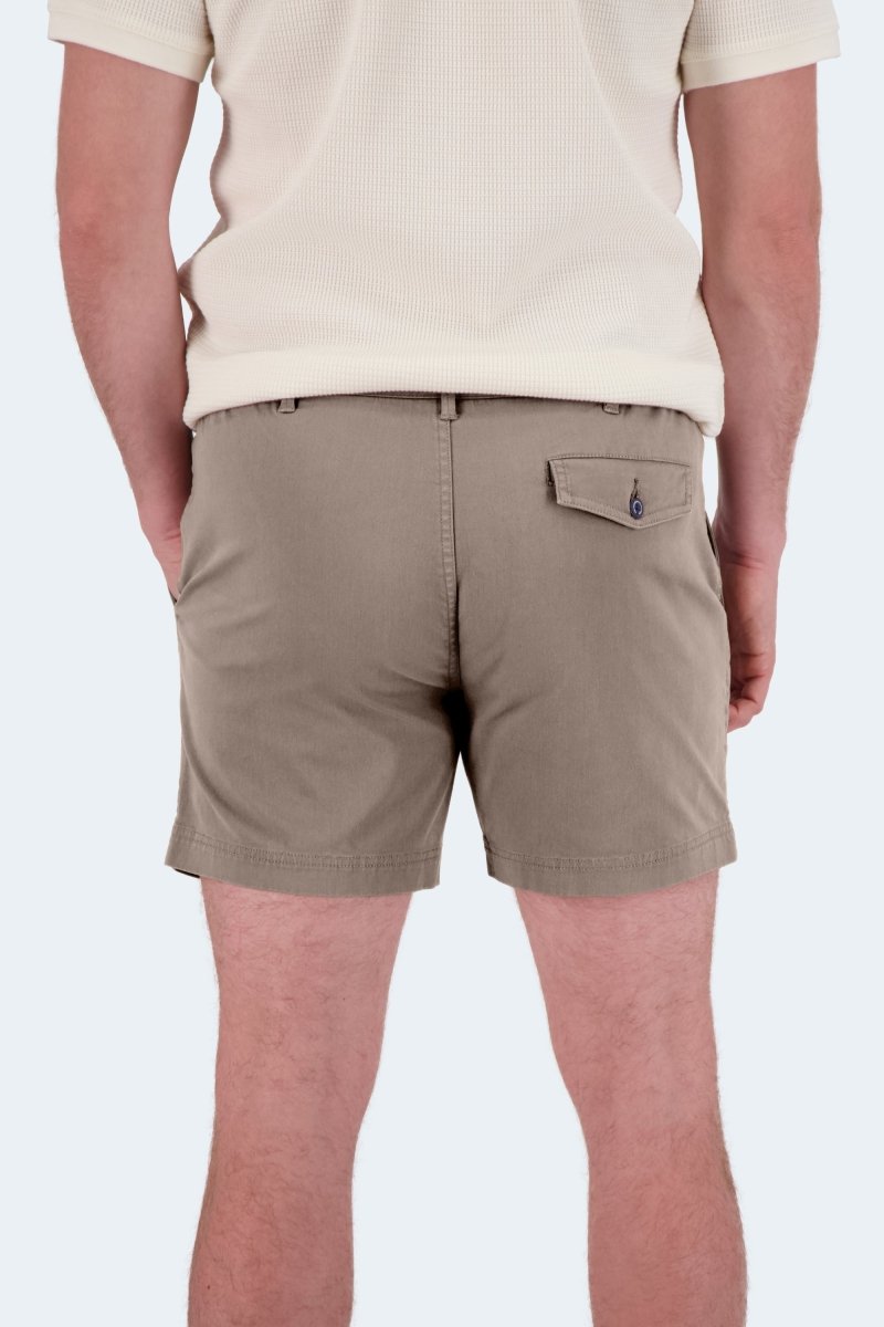 Back view of Nomads * The Shorties men's shorts by Frankster in dark khaki stretch cotton material for casual wear