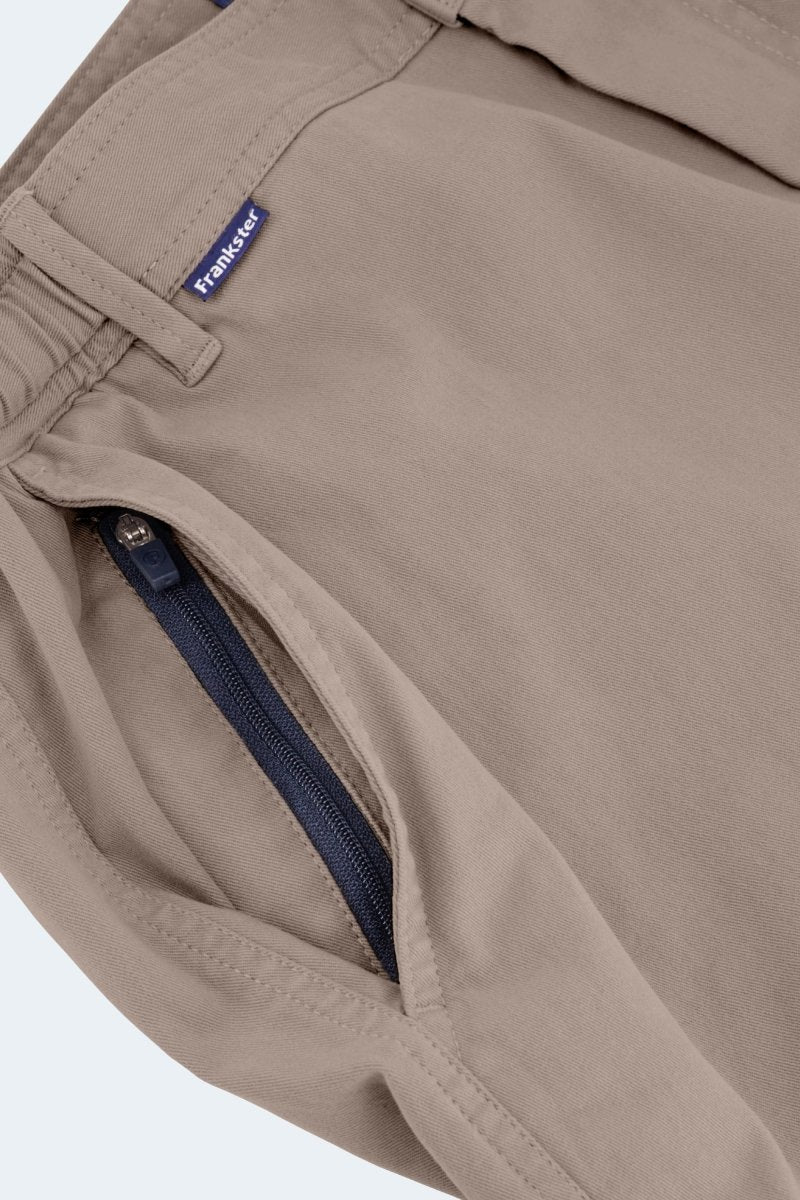 Close-up of Nomads * The Shorties dark khaki stretch cotton men's shorts by Frankster featuring zippered pocket detail