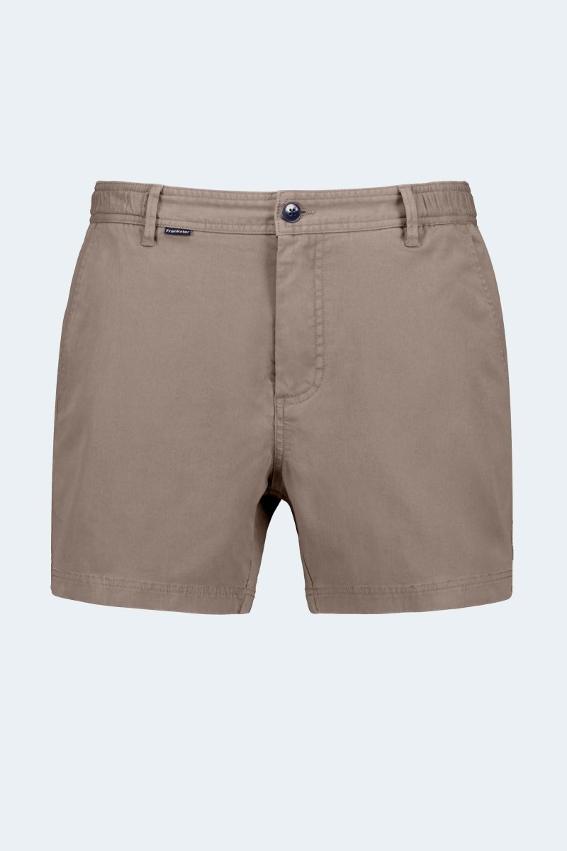 Nomads * The Shorties dark khaki stretch cotton men's shorts by Frankster with belt loops and front button closure