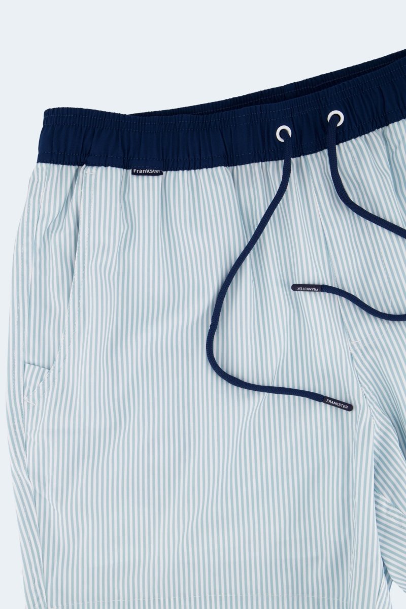 Palmers * The Swims Frankster Men's Shorts in light blue and white striped lightweight fabric with navy elastic waistband and drawcord