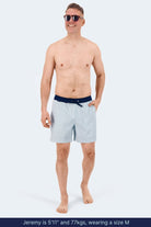 Frankster Palmers * The Swims Men's Shorts in light blue swim fabric, shown on a model for relaxed beachwear and all day comfort