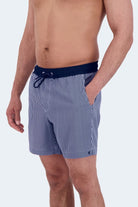 Poolsiders * The Swims Men's Shorts by Frankster in blue and white striped fabric with an elastic waistband drawstring and side pockets